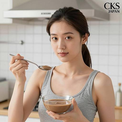 Asian Woman Eating Chocolate Pudding in Kitchen