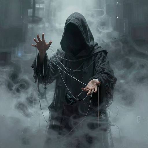 Mysterious figure in black hooded cloak, hands outstretched, surrounded by dense fog and cables, illuminated by eerie blue light. Digital art.