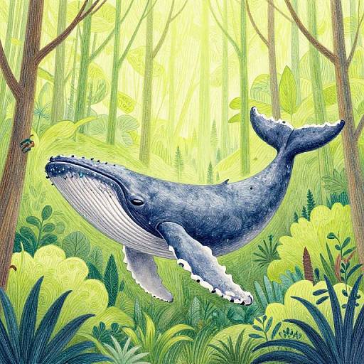 Humpback Whale in Forest Colored Pencil Illustration