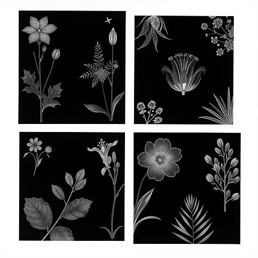 Vintage Botanical Line Art on Black