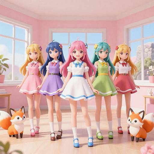 Pastel Anime Girls in Pink Room