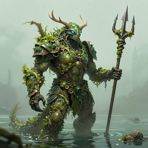 Digital artwork of a muscular, horned, green, plant-covered demon with glowing blue eyes, holding a trident, standing in murky water.