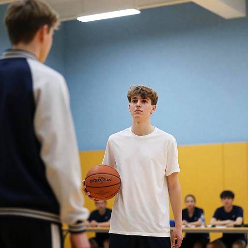 Young Man Holding Basketball in Gymnasium