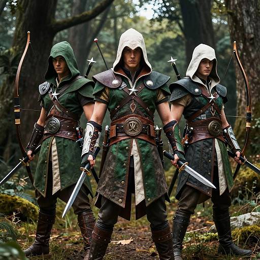 Three muscular, hooded, green-clad fantasy archers with swords, standing in a forest, holding bows and sheathed arrows, ready for battle