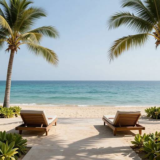 Photograph of a tropical beach with two wooden lounge chairs facing the clear blue ocean, framed by palm trees and green foliage.