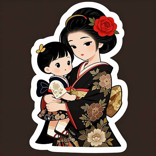 Digital illustration of a Japanese woman in a black floral kimono with a red rose hairpin, holding a baby in a black kimono with a butterfly