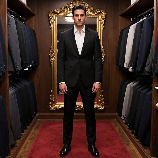 Photograph of a handsome man in a black suit and white shirt, standing in a luxurious wooden closet with red carpet and ornate gold mirror, surrounded