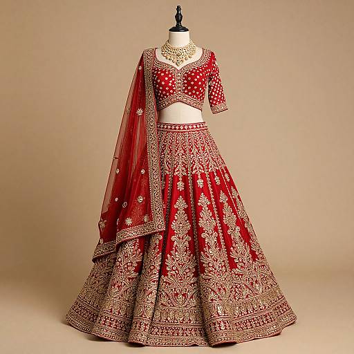 Photograph of a traditional Indian bridal outfit on a mannequin: red and gold embroidered lehenga with polka-dot dupatta, gold necklace,