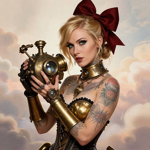 Digital art of a tattooed, blonde woman with blue eyes, wearing gold arm cuffs, corset, and red bow, holding a steampunk