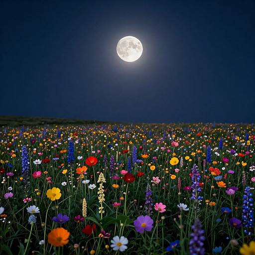 Photograph of a vibrant, moonlit flower field under a dark blue night sky, with a bright full moon illuminating colorful wildflowers in red,