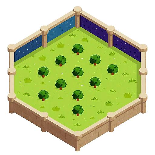 Isometric digital illustration of a fenced garden with green grass, small green trees, and a starry night sky on the top.