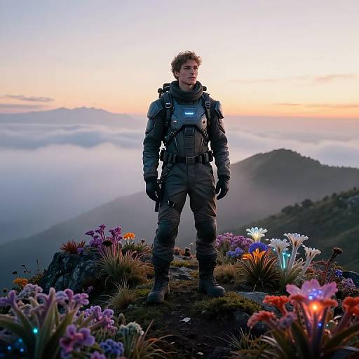 Photograph of a rugged, curly-haired man in dark tactical gear standing on a misty mountain peak at sunrise, surrounded by colorful alien-like flowers.