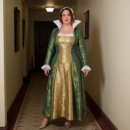Photograph of a woman in a Renaissance-style green and gold gown with white lace collar, standing in a dimly lit hallway.
