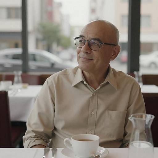 Smiling Man in City Restaurant Scene