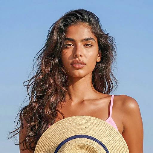 Young Woman with Straw Hat and Pink Top