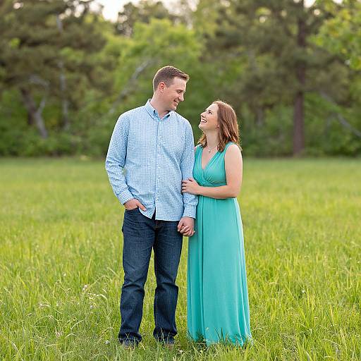 Photograph of a smiling couple standing on a lush green field, man in blue checkered shirt and jeans, woman in turquoise dress.