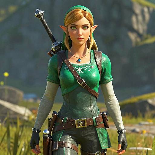 CGI image of a young, attractive female elf with green tunic, brown belt, sword on back, and pointy ears, standing in a