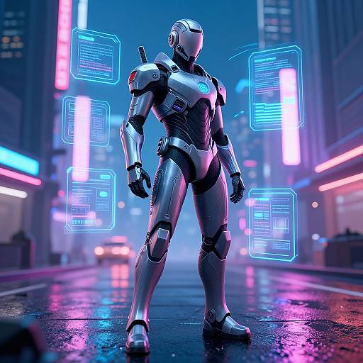CGI image of a futuristic, silver robot standing in a neon-lit, rainy city street with holographic blue screens floating around.
