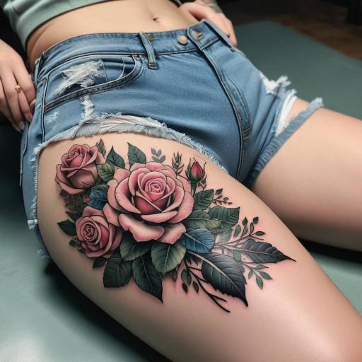 Floral Rose Tattoo on Thigh