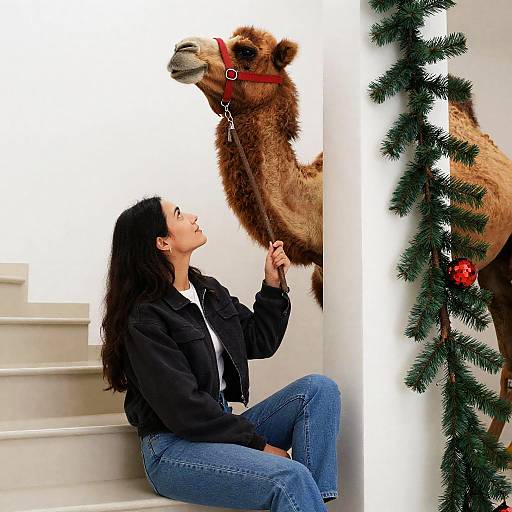 Woman and Camel Head with Christmas Decor