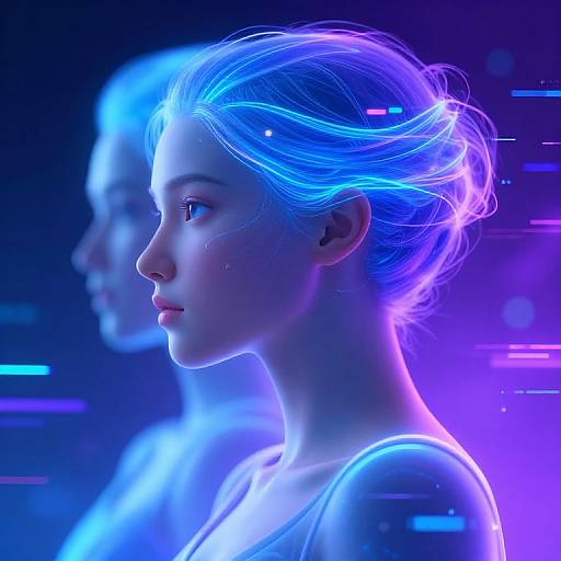 Digital art of a glowing blue and purple-haired woman in profile, illuminated against a dark, neon-lit background. Ethereal, futuristic style.