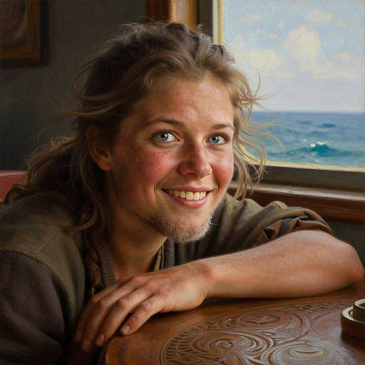 Photograph of a smiling, fair-skinned man with long brown hair, blue eyes, and a beard, leaning on a wooden table by a window