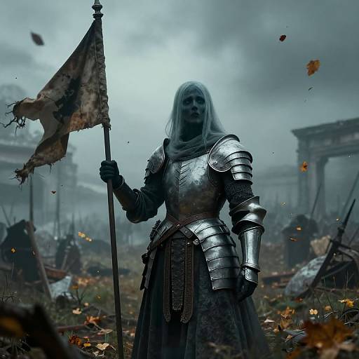 Photorealistic digital artwork of a silver-haired, armored warrior holding a tattered flag in a foggy, war-torn battlefield with fallen leaves and