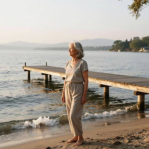 Silver-Haired Woman on Lakeside Pier