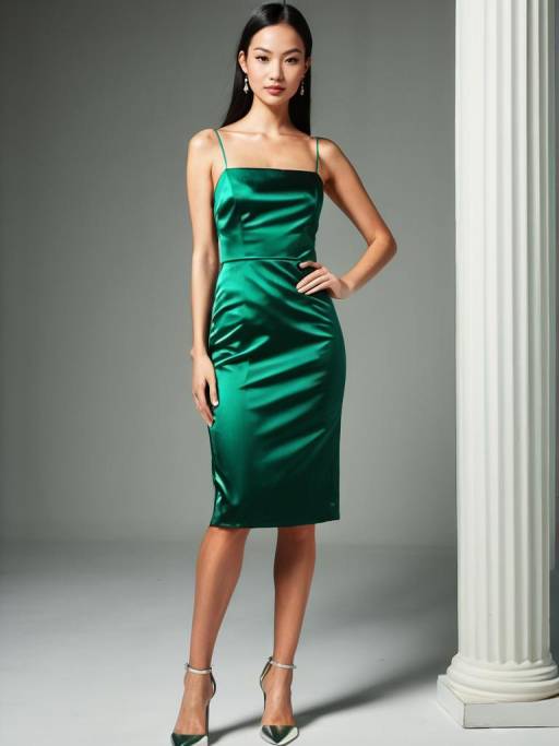 Elegant Woman in Emerald Green Satin Dress