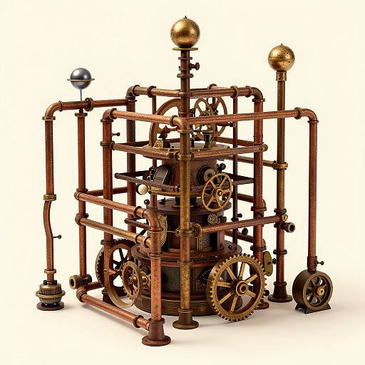 Photograph of an intricate, vintage-style, copper and brass industrial apparatus with multiple gears, pipes, and spherical tops, set against a plain white background