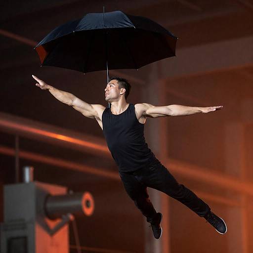 Mid-Air Umbrella Action in Industrial Night