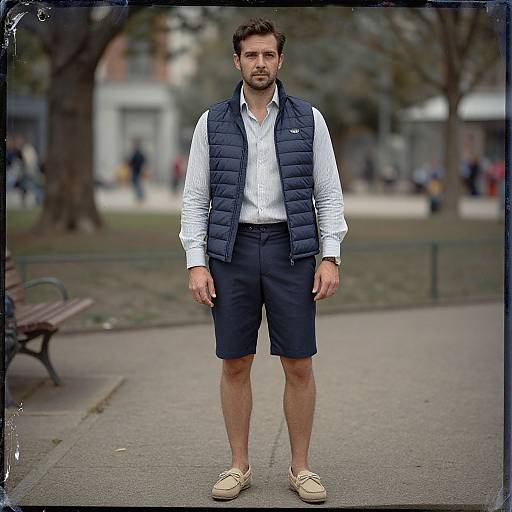 Photograph of a bearded man in a white shirt, navy vest, black shorts, and beige loafers standing in a park. Blurred background
