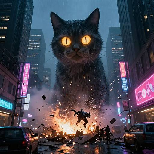 Digital art: Giant, glowing-eyed cat towers over a city street, surrounded by neon signs and chaos amidst a fiery explosion.