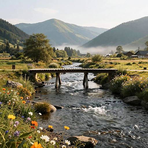 Photograph of a vibrant, sunlit rural landscape featuring a wooden bridge over a flowing river, surrounded by colorful wildflowers and misty, green mountains