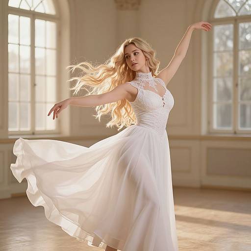 Photograph of a blonde woman in a flowing white lace dress, dancing gracefully in a sunlit, elegant room with large windows.