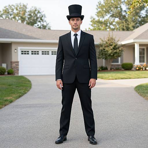 Photograph of a young man in a black suit, white shirt, black tie, and black top hat standing on a suburban driveway.