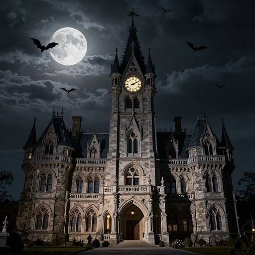 Photograph of a Gothic-style castle at night, illuminated by a full moon, with bats flying and a clock tower glowing.