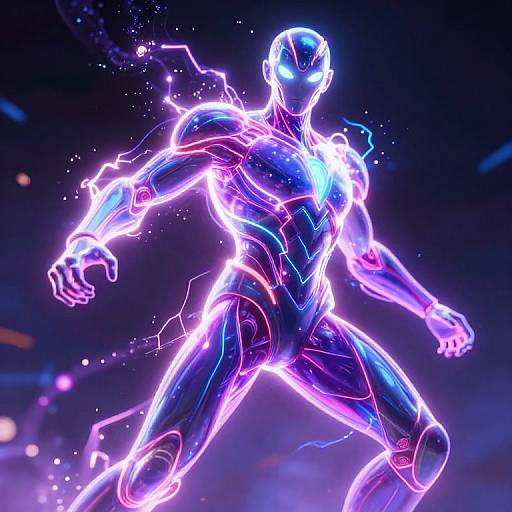 Glowing neon blue and purple superhero figure with electric sparks, dynamic pose, and bright white eyes, floating against a dark, starry background.