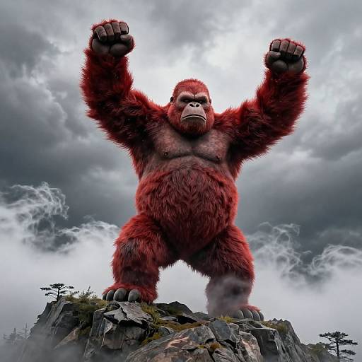 Digital artwork of a towering, red-furred gorilla with raised fists standing on a rocky cliff under a cloudy sky.