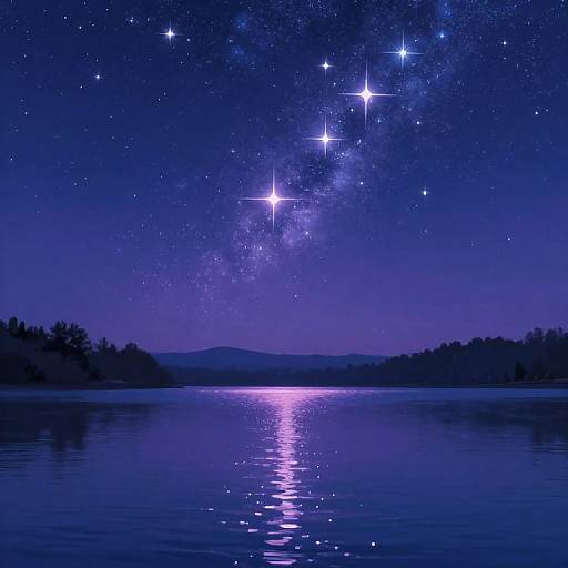 Photograph of a starry night sky with the Milky Way galaxy over a calm, reflective lake, surrounded by silhouetted tree lines.