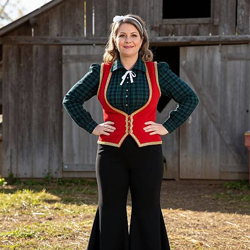 Photograph of a smiling woman with wavy brown hair, wearing a red and gold-trimmed plaid vest, black pants, and green check