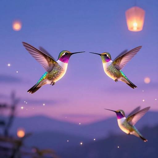 Photograph of three iridescent hummingbirds mid-flight, glowing with rainbow colors against a twilight sky, with floating lanterns and sparkles.