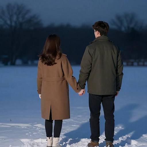 Couple Holding Hands on Snowy Dusk
