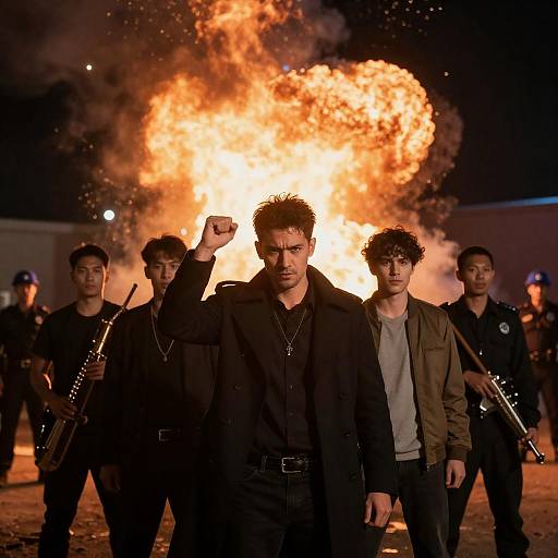 Dramatic Fiery Scene with Diverse Men