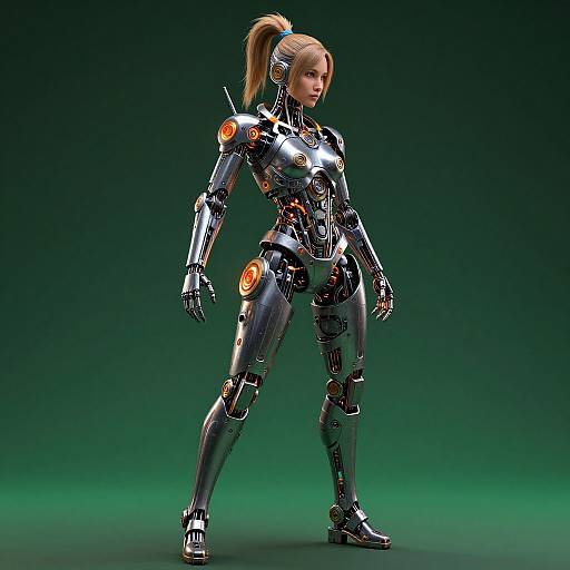 CGI image of a blonde, humanoid robot woman with a high ponytail, wearing a shiny, black and orange metallic suit, standing confidently against a