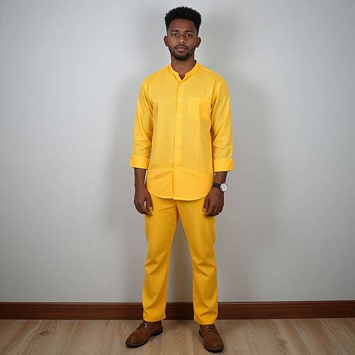 Photograph of a Black man with short curly hair, wearing a bright yellow shirt and pants, brown shoes, standing against a plain white wall on wooden
