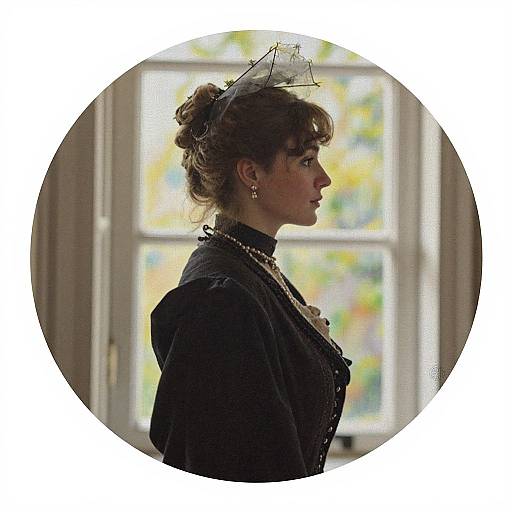 Photograph of a side-profile, dark-haired woman in Victorian-era black dress with lace details, pearl necklace, and delicate hat, standing by a sun