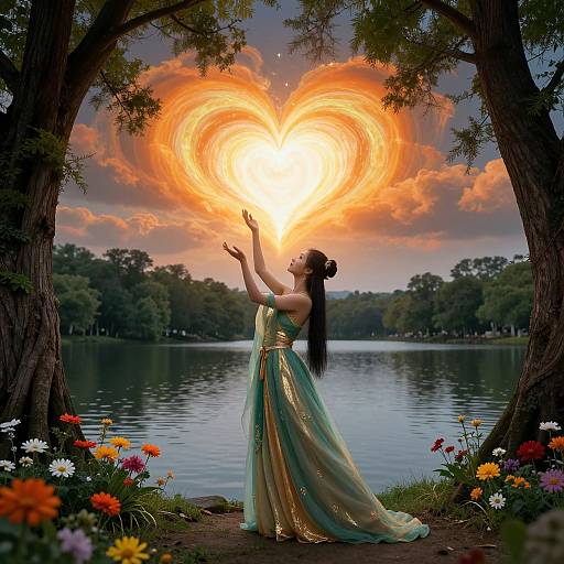 Photograph of a woman in a green, gold gown, arms raised, standing by a lake with a fiery, heart-shaped sun in the sky,