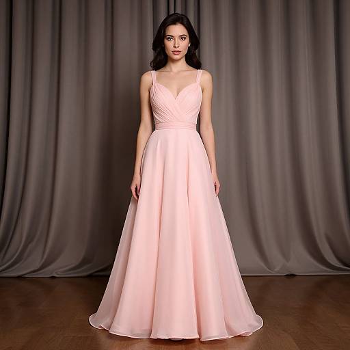 Photograph of a woman with long black hair wearing a sleeveless, pale pink, V-neck ball gown with a full skirt, standing against gray curtains