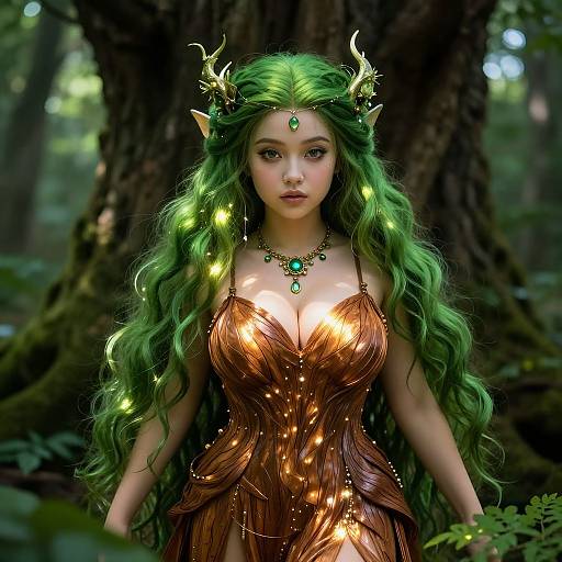 Digital artwork of a green-haired, elf-like woman with antlers, wearing a glowing, brown, leaf-patterned dress and green jewelry, standing in